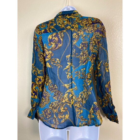 Bebe Mulberry Silk Womens Baroque Print Sheer Button Up Top size XS Long Sleeve - Picture 12 of 13
